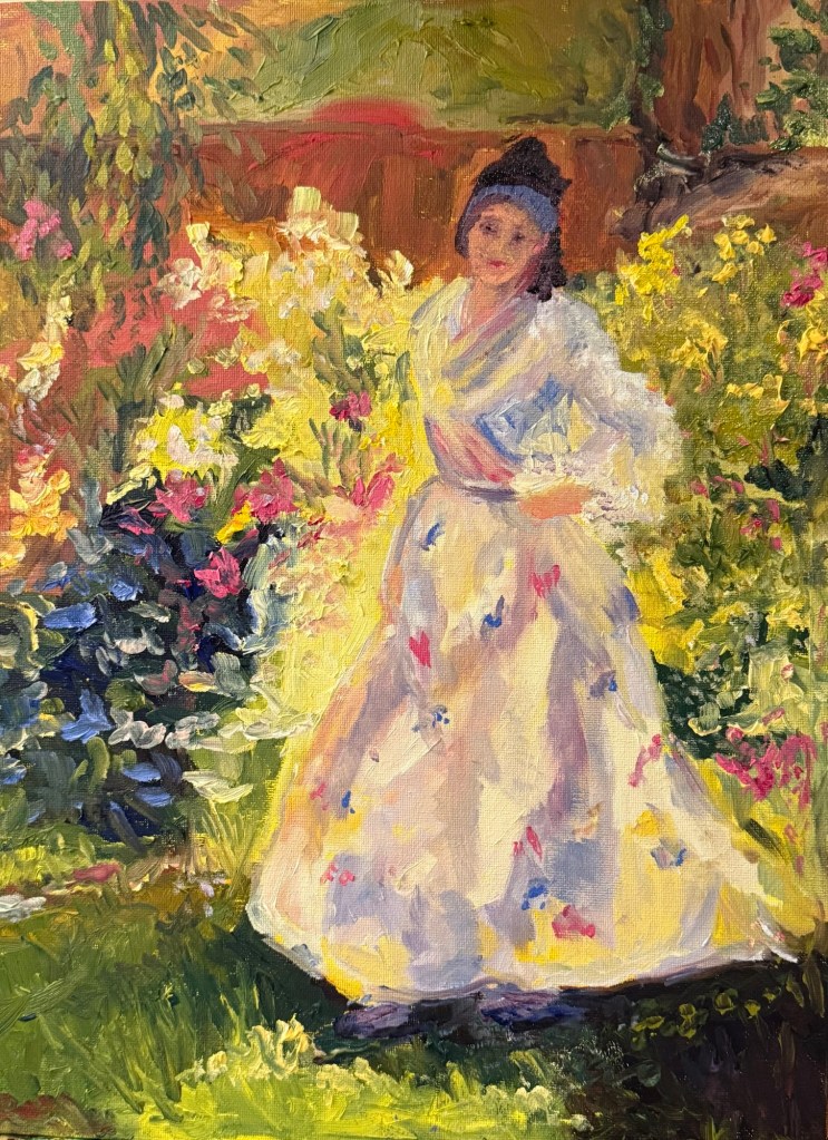 In the style of Joaquín Sorolla
Oils on canvas board by Penny S. Shanks.  Painting of a woman in 1900s period dress standing in a sunlit garden.