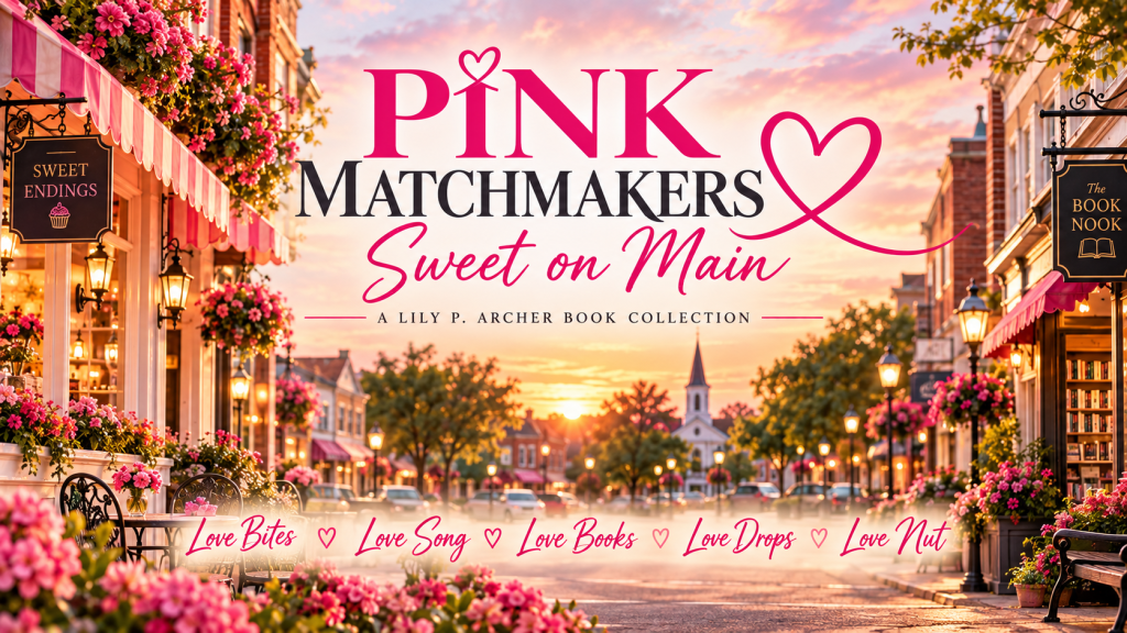 A charming street scene depicting a vibrant storefront lined with pink flowers, featuring the title 'Pink Matchmakers Sweet on Main' above a collection of books by Lily P. Archer, with 'Sweet Endings' and 'The Book Nook' signs visible.