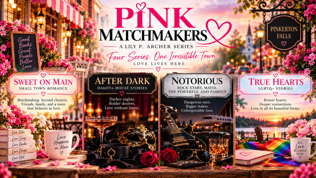Promotional image for 'Pink Matchmakers', a book series by Lily P. Archer. Features four story categories: Sweet on Main, After Dark, Notorious, and True Hearts, each representing different romance themes. The background shows a charming town setting with decorations and flowers.