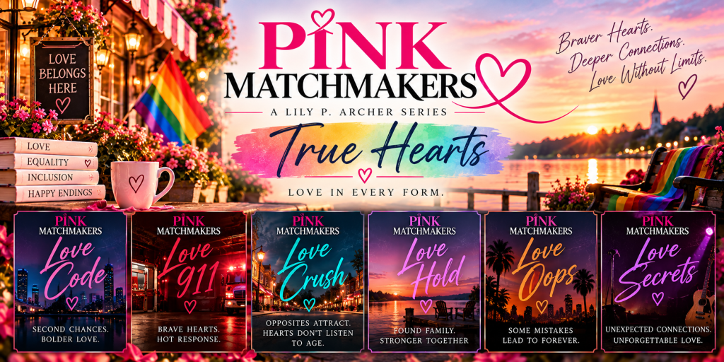 Colorful promotional graphic for the 'Pink Matchmakers' book series by Lily P. Archer, featuring titles such as 'Love Code,' 'Love 911,' 'Love Crush,' 'Love Hold,' 'Love Oops,' and 'Love Secrets.' The background shows a vibrant, decorated street scene with a rainbow flag, symbols of love, and a sunset over a lake.
