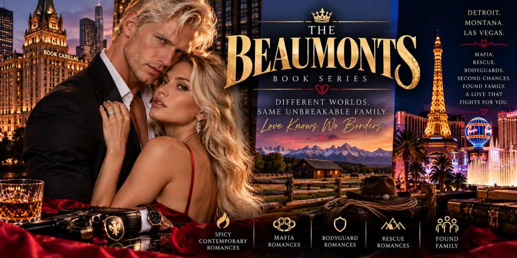 Promotional image for 'The Beaumonts' book series featuring a couple in a romantic pose, surrounded by cityscapes and iconic landmarks, highlighting themes of love, family, and adventure.