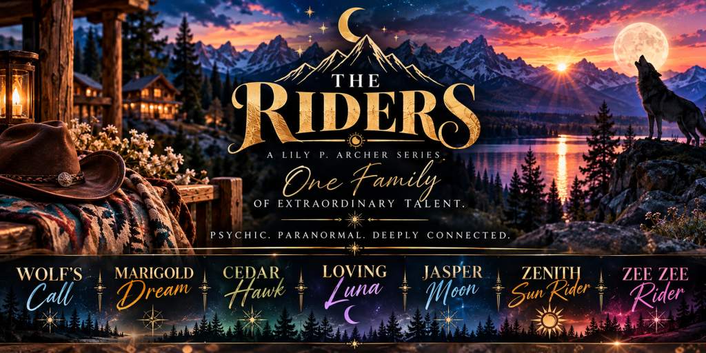 The Riders book cover featuring a scenic mountain background with a wolf, a rustic lantern, and the title prominently displayed along with series details.
