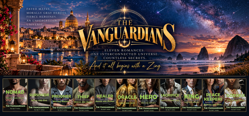 A dramatic landscape featuring a waterfront city with historical architecture under a starry sky. The title 'The Vanguards' appears prominently at the top, along with the tagline highlighting themes of romance, heroes, and secrets. At the bottom, a series of book covers from the same series are displayed, each with distinctive titles and artwork.